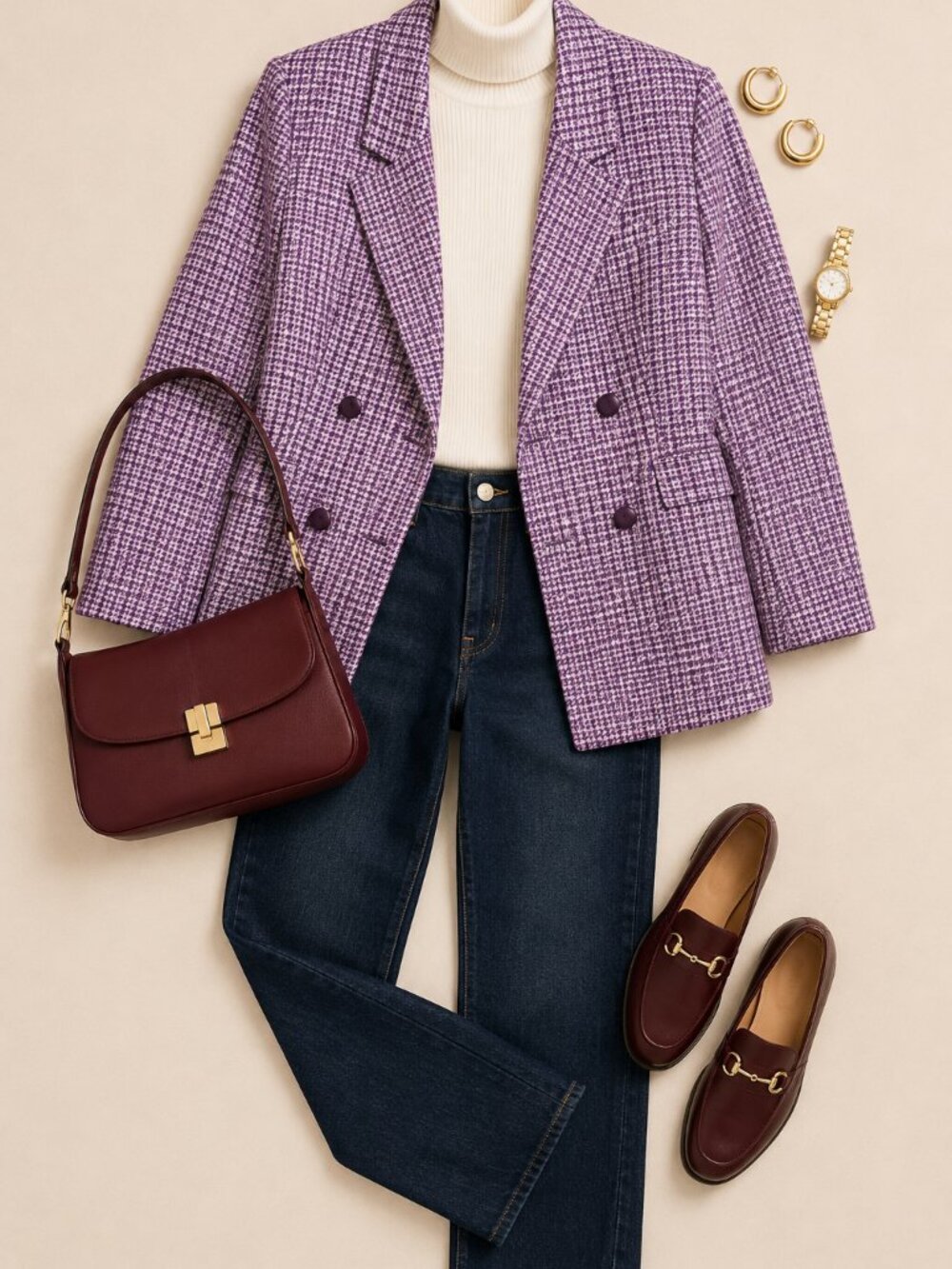 BDG Urban Outfitters Houndstooth Blazer L Pink Purple Double Breasted Oversized